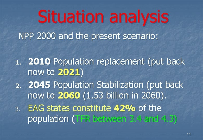 Situation analysis NPP 2000 and the present scenario: 1. 2. 3. 2010 Population replacement