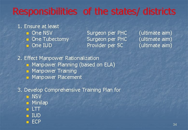 Responsibilities of the states/ districts 1. Ensure at least n One NSV n One