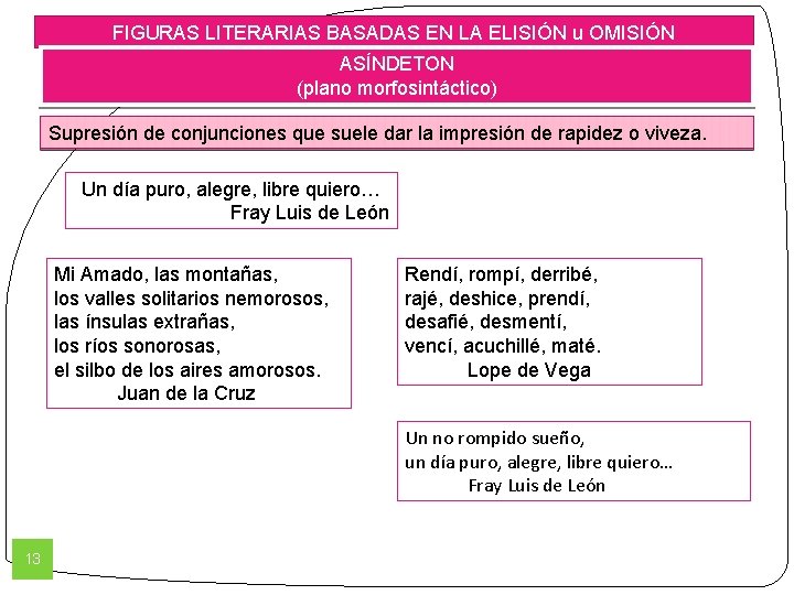 FIGURAS LITERARIAS BASADAS EN LA ELISIÓN u OMISIÓN ASÍNDETON (plano morfosintáctico) Supresión de conjunciones