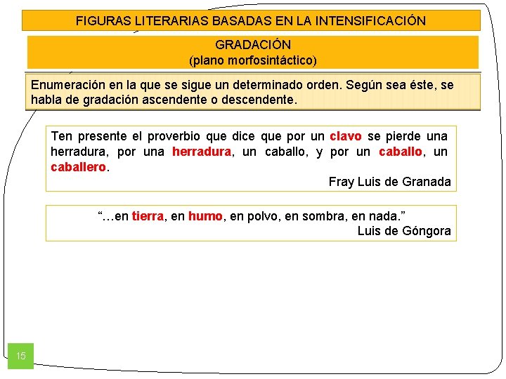 FIGURAS LITERARIAS BASADAS EN LA INTENSIFICACIÓN GRADACIÓN (plano morfosintáctico) Enumeración en la que se