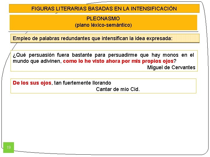 FIGURAS LITERARIAS BASADAS EN LA INTENSIFICACIÓN PLEONASMO (plano léxico-semántico) Empleo de palabras redundantes que