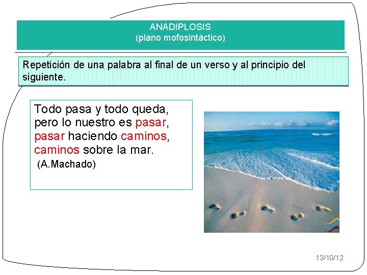 ANADIPLOSIS (plano mofosintáctico) Repetición de una palabra al final de un verso y al