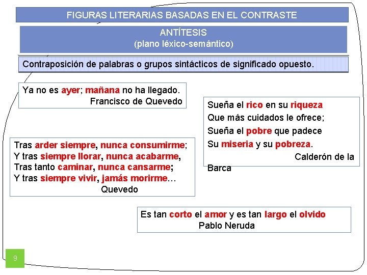 FIGURAS LITERARIAS BASADAS EN EL CONTRASTE ANTÍTESIS (plano léxico-semántico) Contraposición de palabras o grupos