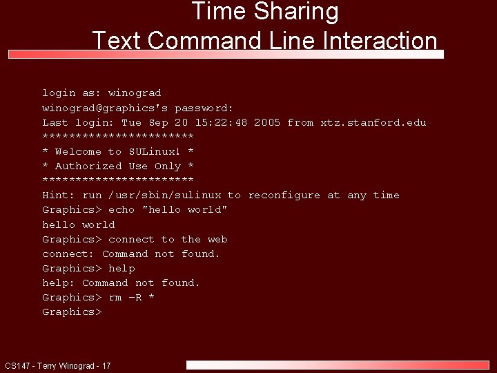 Time Sharing Text Command Line Interaction login as: winograd@graphics's password: Last login: Tue Sep