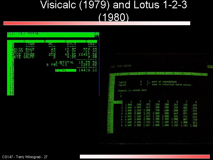 Visicalc (1979) and Lotus 1 -2 -3 (1980) CS 147 - Terry Winograd -
