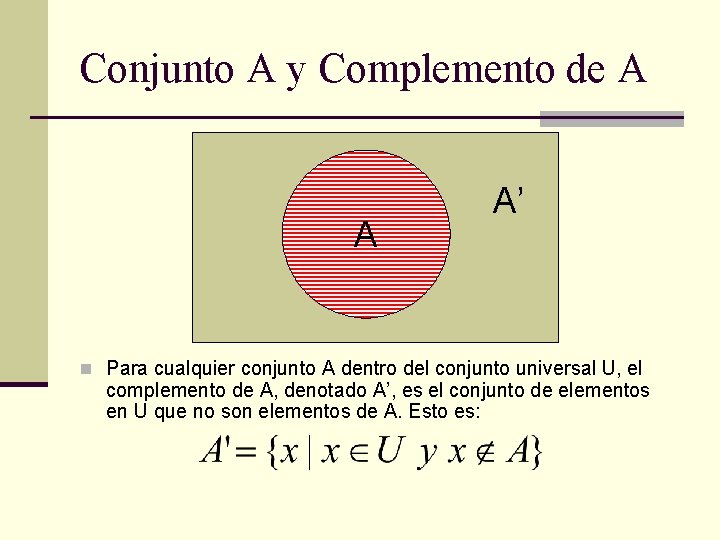 Conjunto A y Complemento de A A A’ n Para cualquier conjunto A dentro