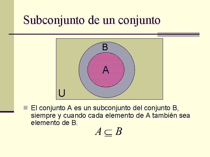 Subconjunto de un conjunto B A U n El conjunto A es un subconjunto