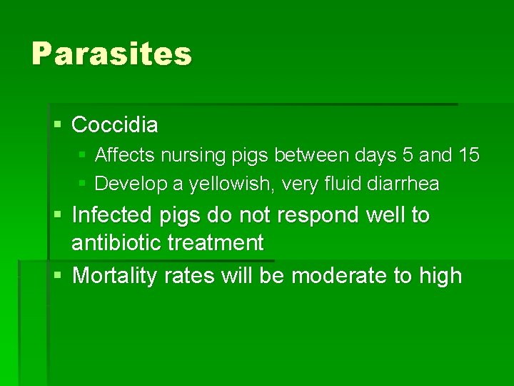 Parasites § Coccidia § Affects nursing pigs between days 5 and 15 § Develop