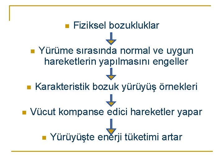 n n Fiziksel bozukluklar Yürüme sırasında normal ve uygun hareketlerin yapılmasını engeller Karakteristik bozuk n n Fiziksel bozukluklar Yürüme sırasında normal ve uygun hareketlerin yapılmasını engeller Karakteristik bozuk
