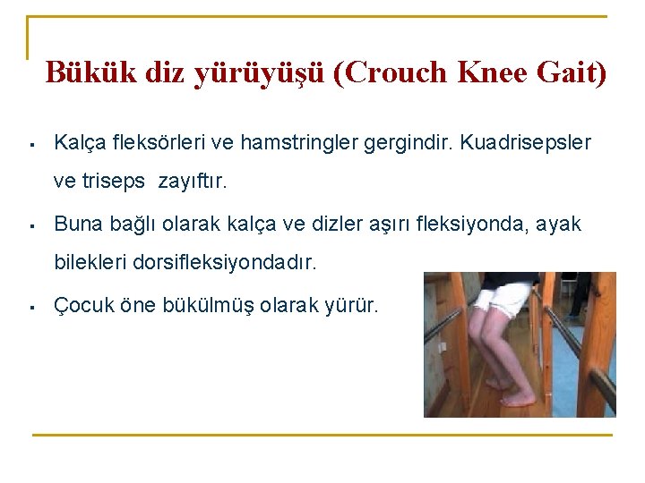 Bükük diz yürüyüşü (Crouch Knee Gait) ▪ Kalça fleksörleri ve hamstringler gergindir. Kuadrisepsler ve Bükük diz yürüyüşü (Crouch Knee Gait) ▪ Kalça fleksörleri ve hamstringler gergindir. Kuadrisepsler ve