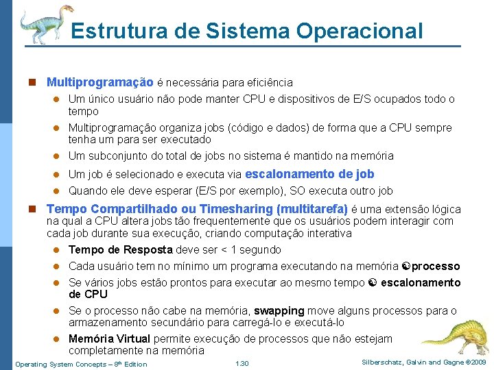 Estrutura de Sistema Operacional n Multiprogramação é necessária para eficiência l Um único usuário