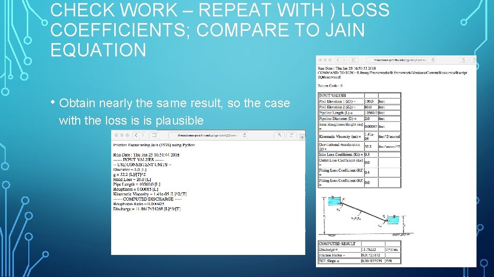 CHECK WORK – REPEAT WITH ) LOSS COEFFICIENTS; COMPARE TO JAIN EQUATION • Obtain