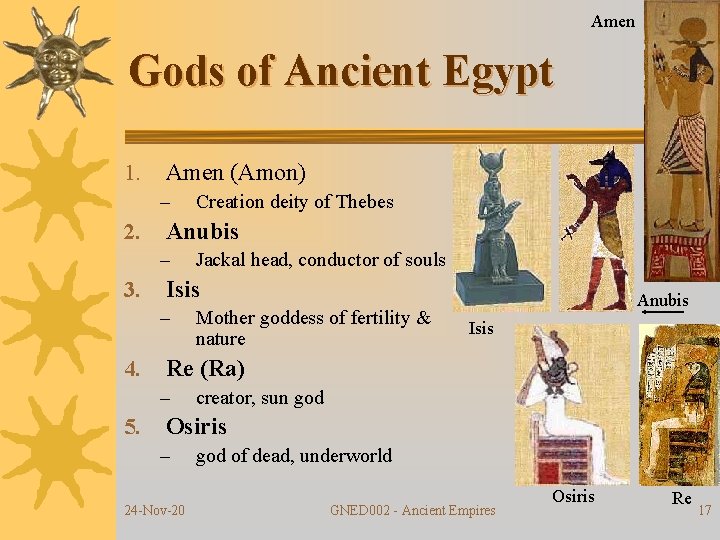 Amen Gods of Ancient Egypt 1. Amen (Amon) – 2. Anubis – 3. Mother