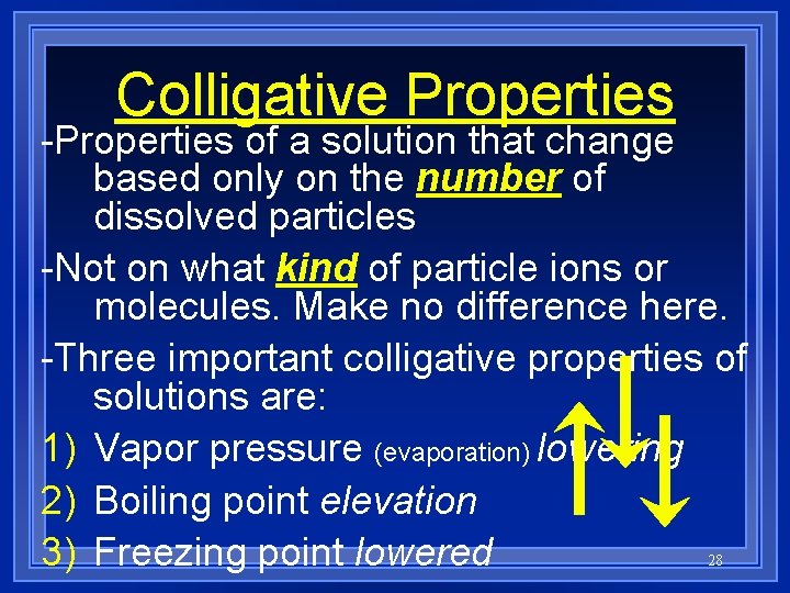Colligative Properties -Properties of a solution that change based only on the number of