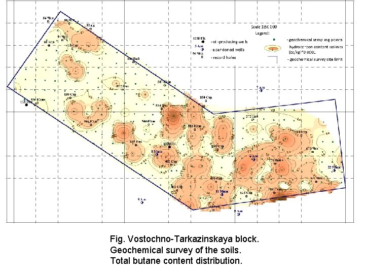 Fig. Vostochno-Tarkazinskaya block. Geochemical survey of the soils. Total butane content distribution. 