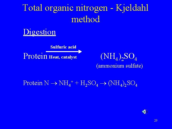 Total organic nitrogen - Kjeldahl method Digestion Sulfuric acid Protein Heat, catalyst (NH 4)2