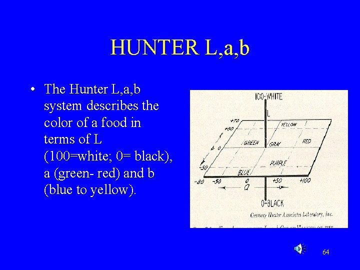 HUNTER L, a, b • The Hunter L, a, b system describes the color