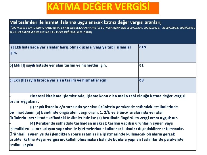 KATMA DEĞER VERGİSİ Mal teslimleri ile hizmet ifalarına uygulanacak katma değer vergisi oranları; (2007/13033 KATMA DEĞER VERGİSİ Mal teslimleri ile hizmet ifalarına uygulanacak katma değer vergisi oranları; (2007/13033