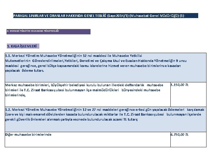 PARASAL SINIRLAR VE ORANLAR HAKKINDA GENEL TEBLİĞ (Sayı: 2014/1) (Muhasebat Genel Müdürlüğü) (1) A-