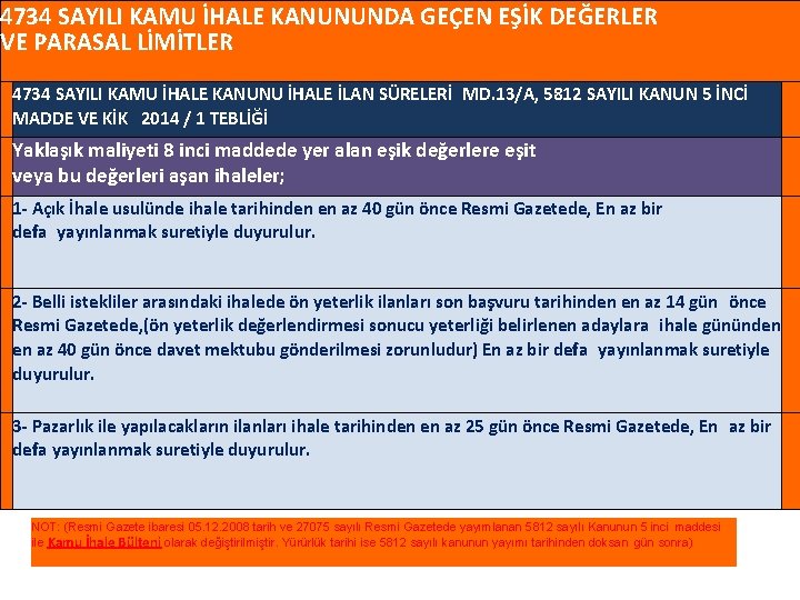 4734 SAYILI KAMU İHALE KANUNUNDA GEÇEN EŞİK DEĞERLER VE PARASAL LİMİTLER 4734 SAYILI KAMU