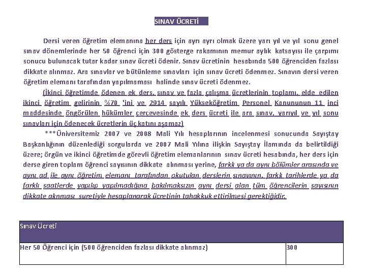 SINAV ÜCRETİ Dersi veren öğretim elemanına her ders için ayrı olmak üzere yarı yıl