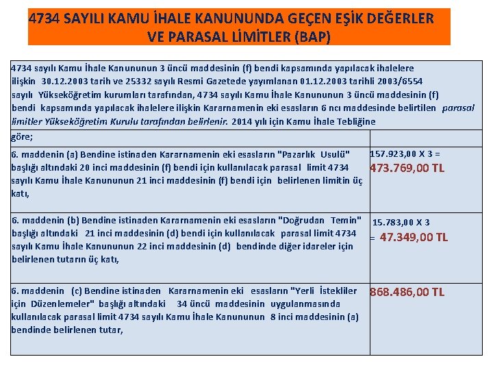 4734 SAYILI KAMU İHALE KANUNUNDA GEÇEN EŞİK DEĞERLER VE PARASAL LİMİTLER (BAP) 4734 sayılı