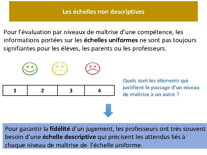 Les échelles non descriptives Pour l’évaluation par niveaux de maîtrise d’une compétence, les informations