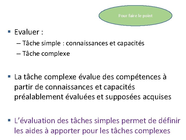 Pour faire le point Evaluer : – Tâche simple : connaissances et capacités –