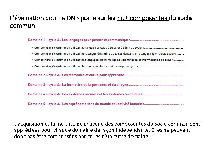 L'évaluation pour le DNB porte sur les huit composantes du socle commun L'acquisition et