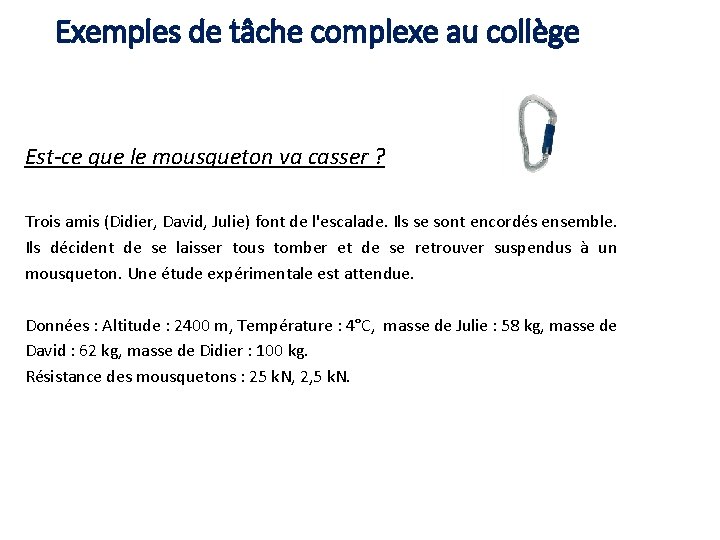 Exemples de tâche complexe au collège Est-ce que le mousqueton va casser ? Trois