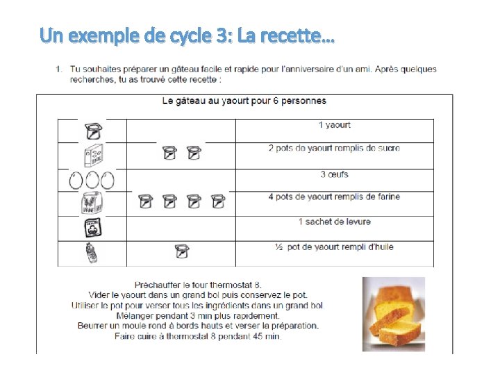 Un exemple de cycle 3: La recette… 