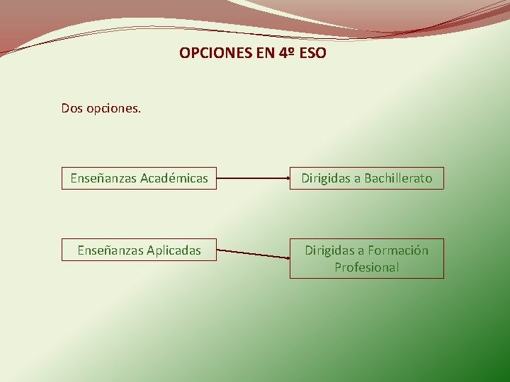 OPCIONES EN 4º ESO Dos opciones. Enseñanzas Académicas Dirigidas a Bachillerato Enseñanzas Aplicadas Dirigidas