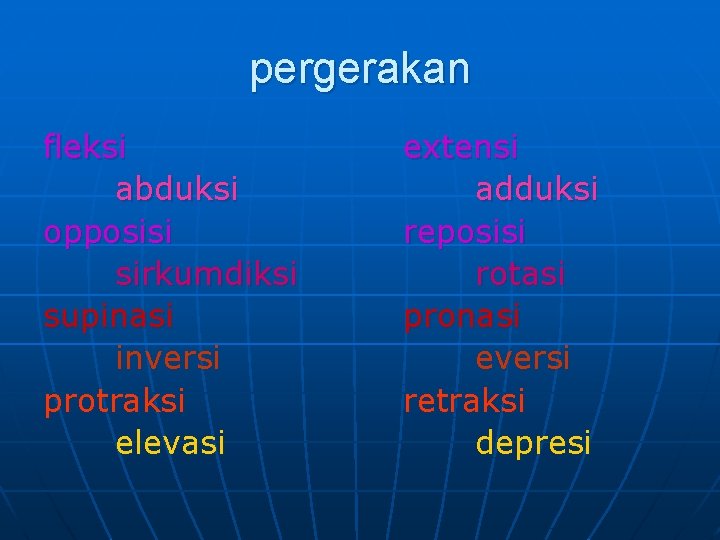 pergerakan fleksi abduksi opposisi sirkumdiksi supinasi inversi protraksi elevasi extensi adduksi reposisi rotasi pronasi