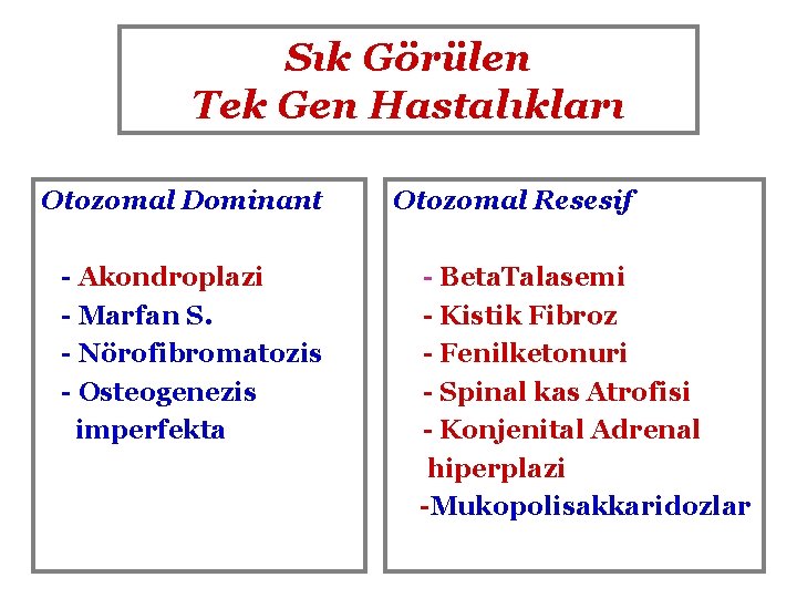 Sık Görülen Tek Gen Hastalıkları Otozomal Dominant - Akondroplazi - Marfan S. - Nörofibromatozis