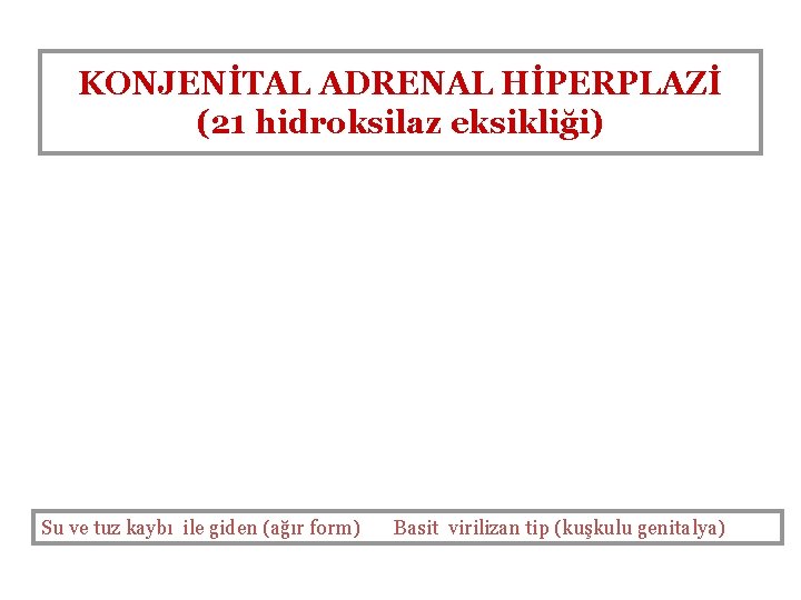 KONJENİTAL ADRENAL HİPERPLAZİ (21 hidroksilaz eksikliği) Su ve tuz kaybı ile giden (ağır form)