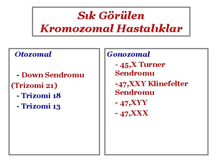 Sık Görülen Kromozomal Hastalıklar Otozomal - Down Sendromu (Trizomi 21) - Trizomi 18 -