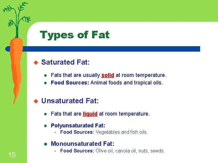 Types of Fat u Saturated Fat: l l u Fats that are usually solid