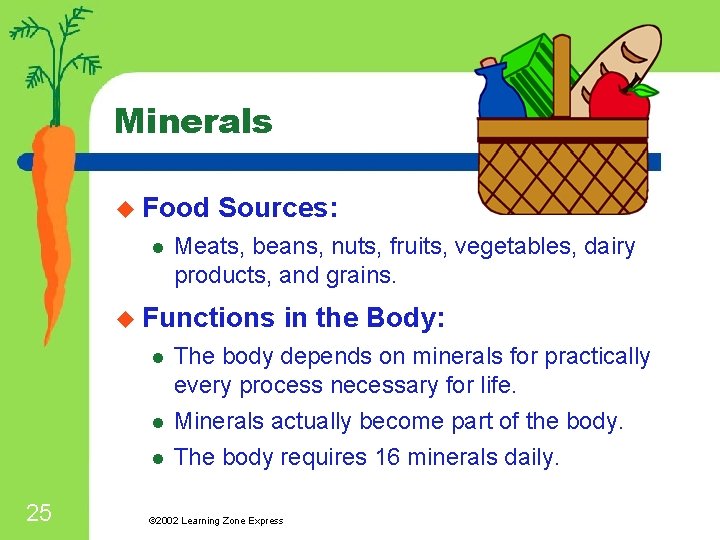 Minerals u Food l Sources: Meats, beans, nuts, fruits, vegetables, dairy products, and grains.