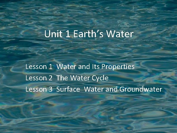 Unit 1 Earth’s Water Lesson 1 Water and Its Properties Lesson 2 The Water