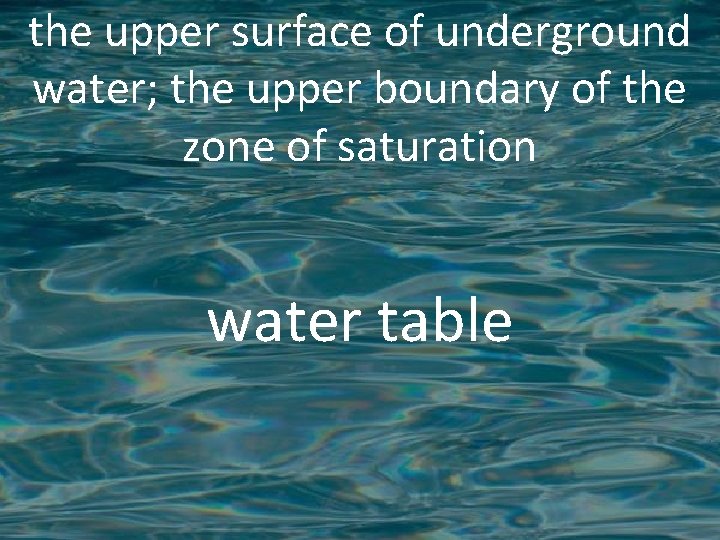 the upper surface of underground water; the upper boundary of the zone of saturation