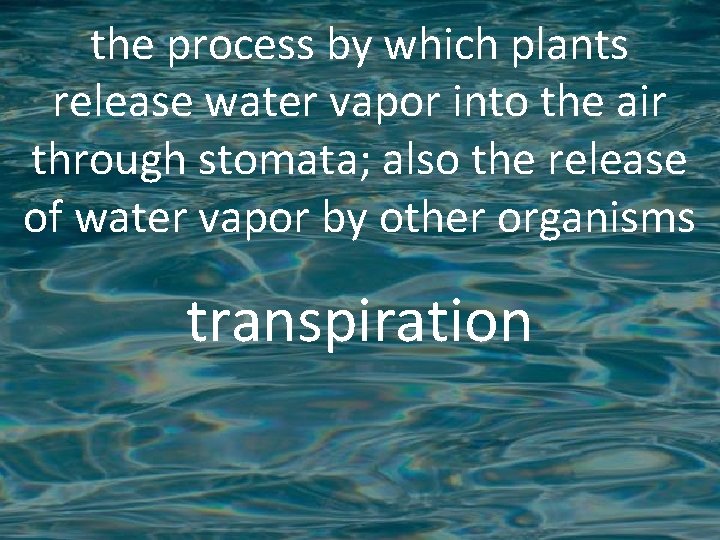 the process by which plants release water vapor into the air through stomata; also
