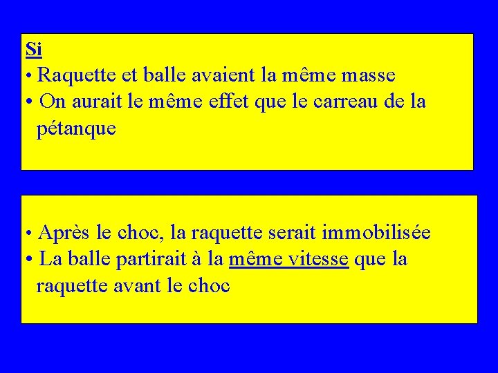 Si • Raquette et balle avaient la même masse • On aurait le même