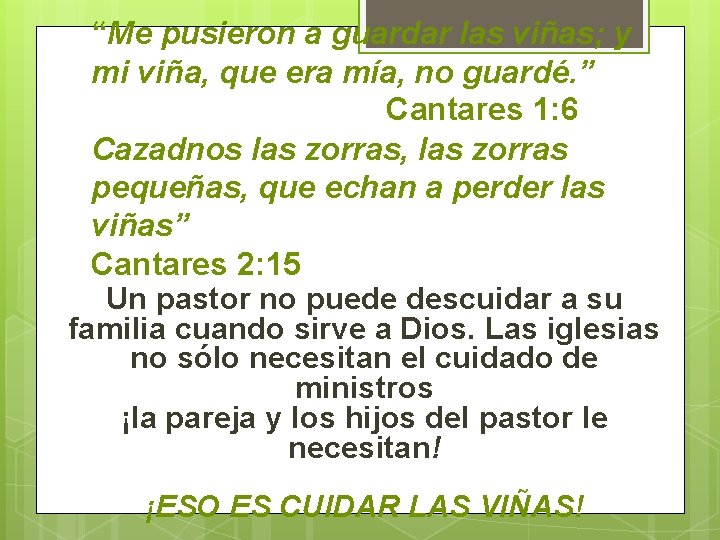 “Me pusieron a guardar las viñas; y mi viña, que era mía, no guardé.