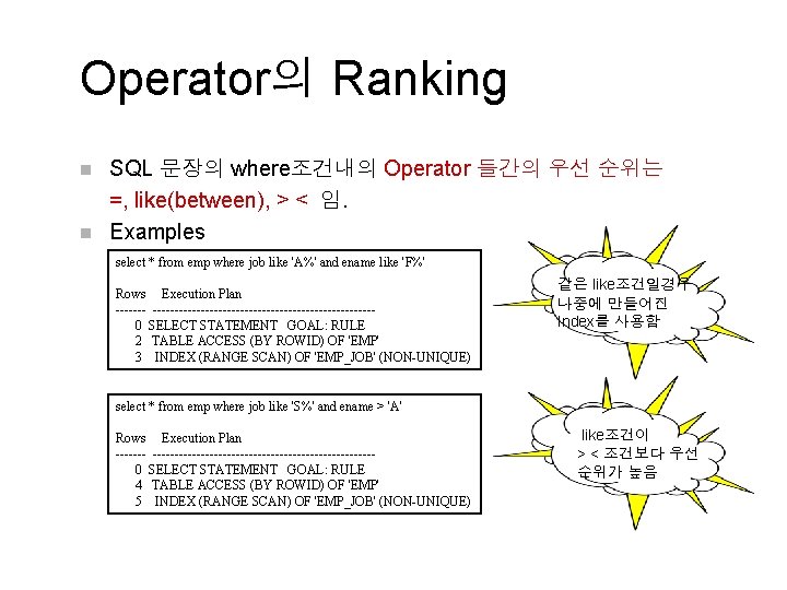 Operator의 Ranking n n SQL 문장의 where조건내의 Operator 들간의 우선 순위는 =, like(between), >