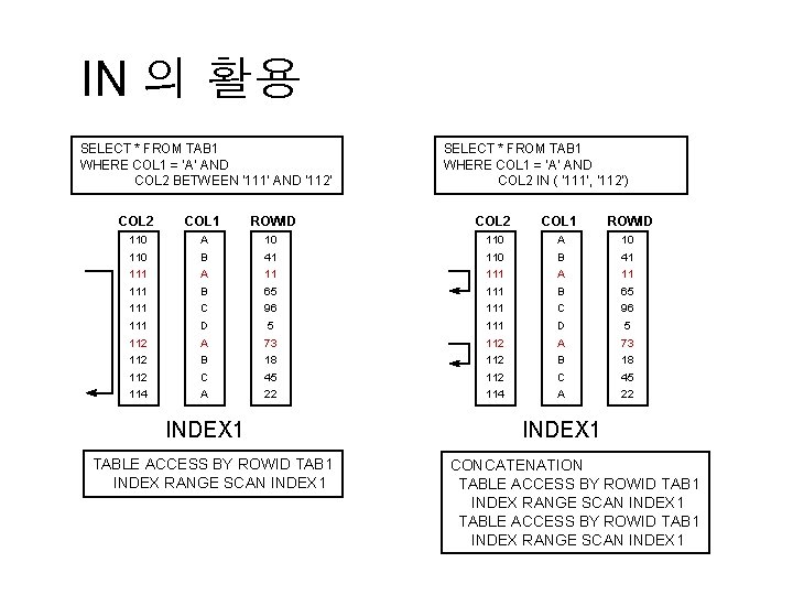 IN 의 활용 SELECT * FROM TAB 1 WHERE COL 1 = ‘A’ AND