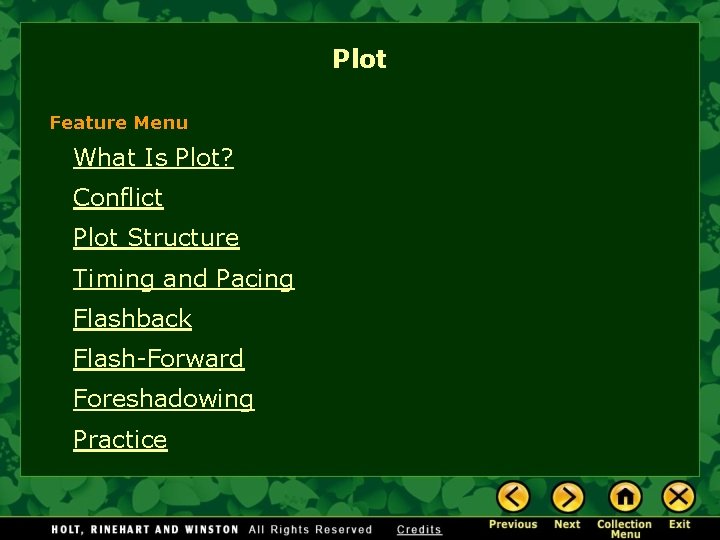 Plot Feature Menu What Is Plot? Conflict Plot Structure Timing and Pacing Flashback Flash-Forward