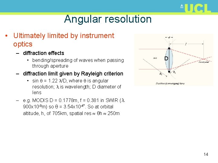 Angular resolution • Ultimately limited by instrument optics – diffraction effects • bending/spreading of