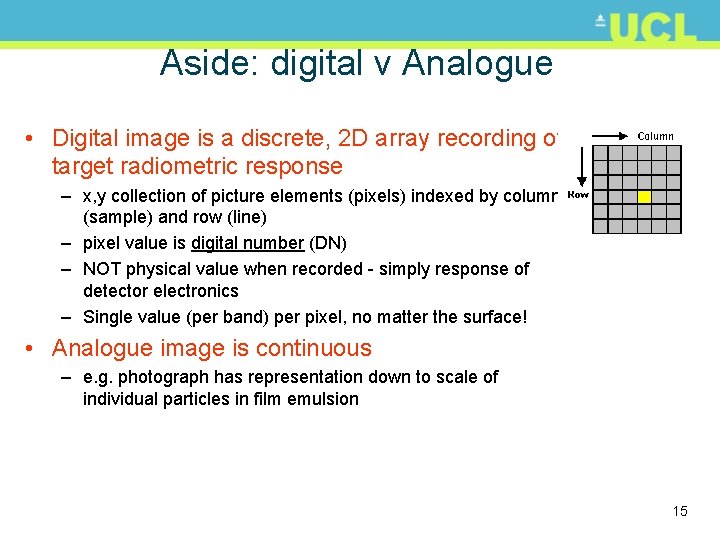 Aside: digital v Analogue • Digital image is a discrete, 2 D array recording