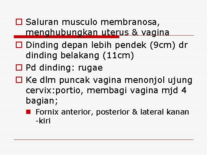 o Saluran musculo membranosa, menghubungkan uterus & vagina o Dinding depan lebih pendek (9