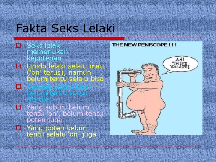 Fakta Seks Lelaki o Seks lelaki memerlukan kepotenan o Libido lelaki selalu mau (‘on’